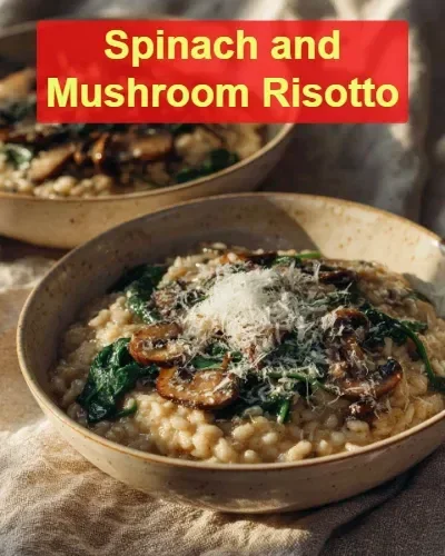 Delicious Spinach Mushroom Risotto in a white bowl garnished with herbs