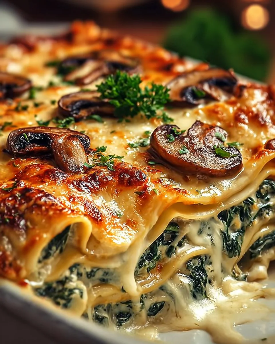 Delicious spinach mushroom lasagna in a golden-brown dish, garnished with herbs.
