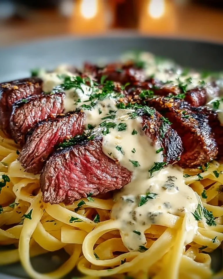 Delicious plate of Steak Gorgonzola Alfredo topped with creamy sauce and fresh herbs