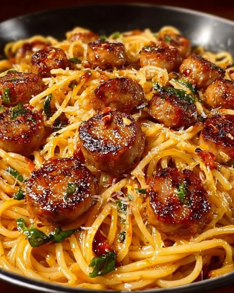 Delicious sticky honey garlic sausage pasta skillet served in a bowl