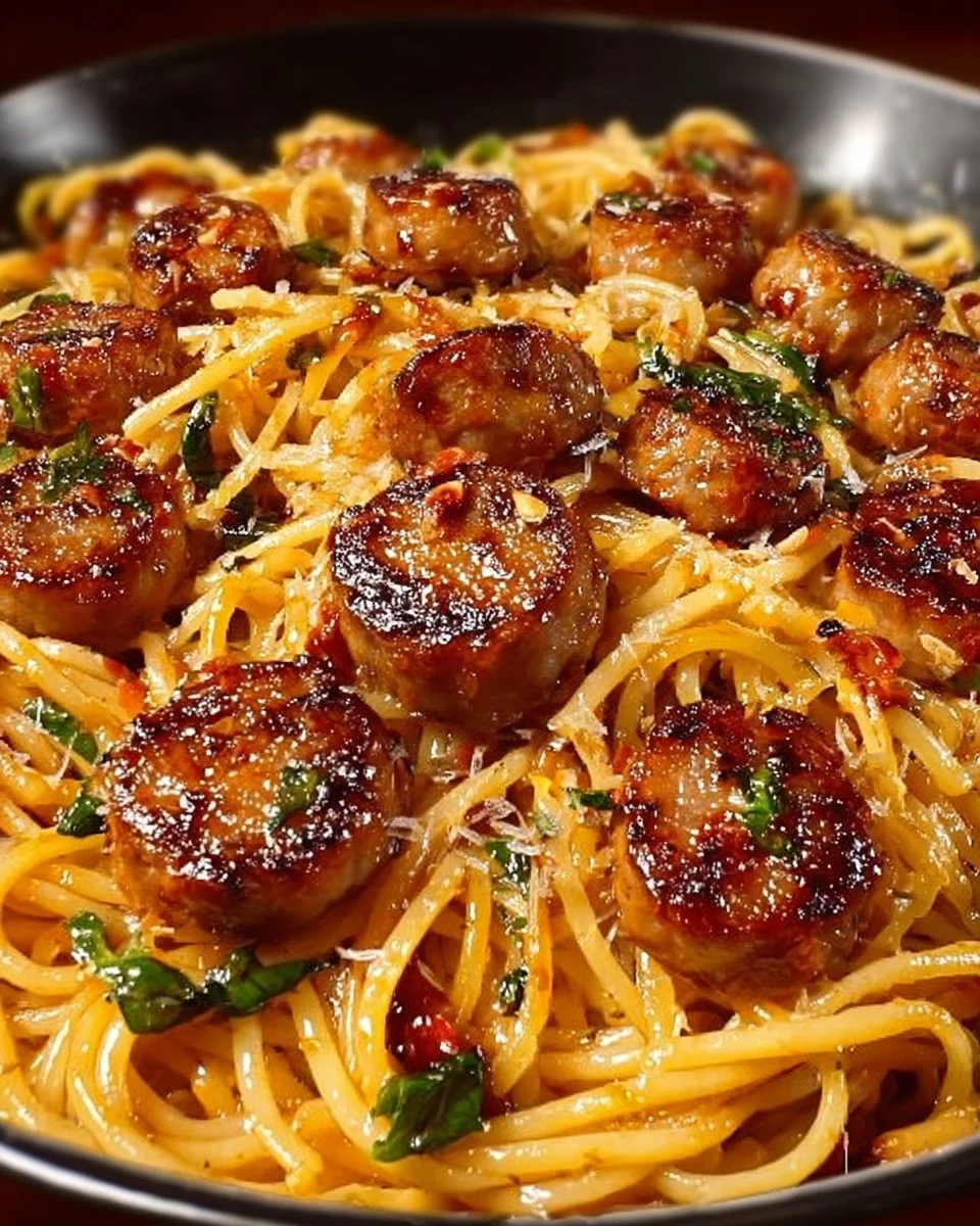 Delicious sticky honey garlic sausage pasta skillet served in a bowl