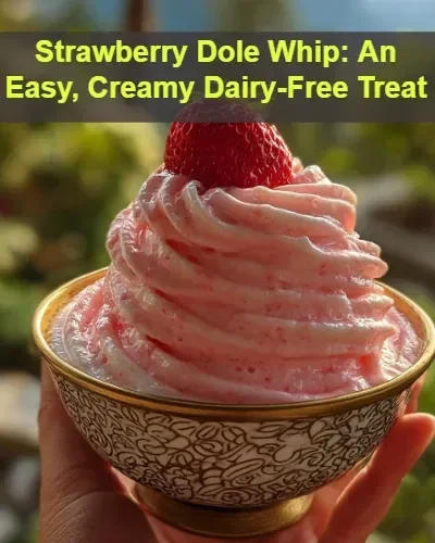 Homemade strawberry Dole Whip served in a bowl, a creamy dairy-free dessert.