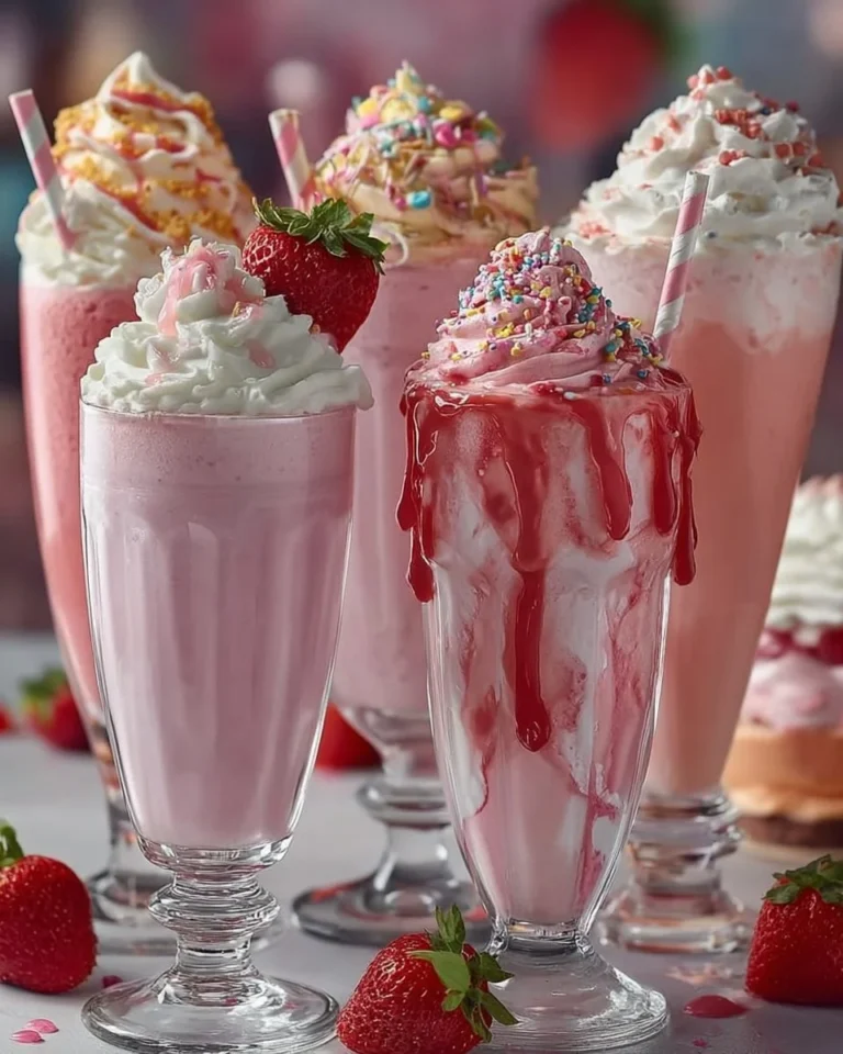 Delicious homemade strawberry milkshake topped with whipped cream and strawberries