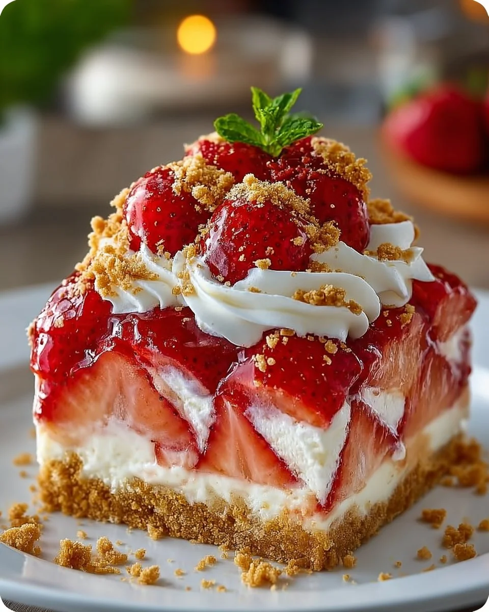 Delicious Strawberry Shortcake Lush dessert with strawberries and cream layers.