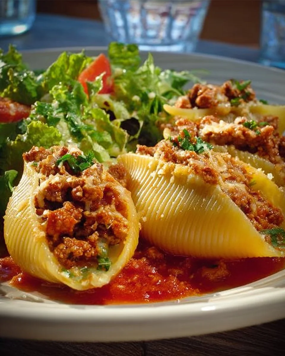 Taco Stuffed Pasta Shells filled with seasoned beef and topped with cheese