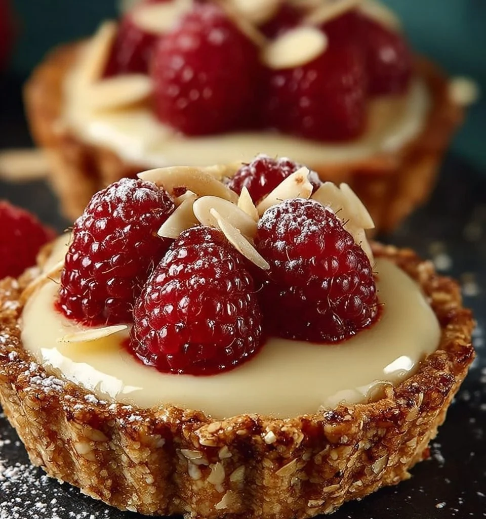 Tartletki z malinami i białą czekoladą na talerzu