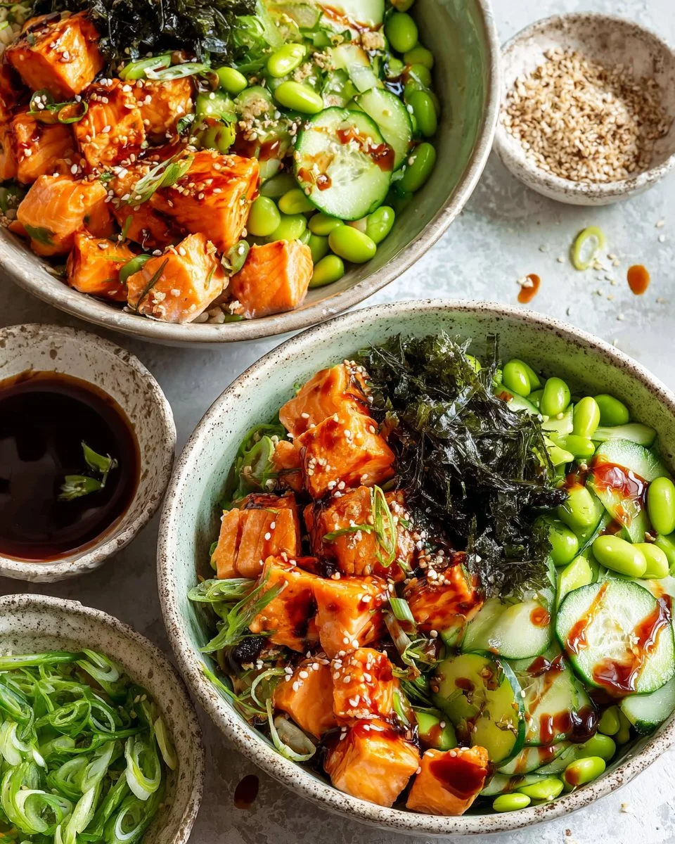 Teriyaki salmon rice bowl garnished with vegetables and sesame seeds