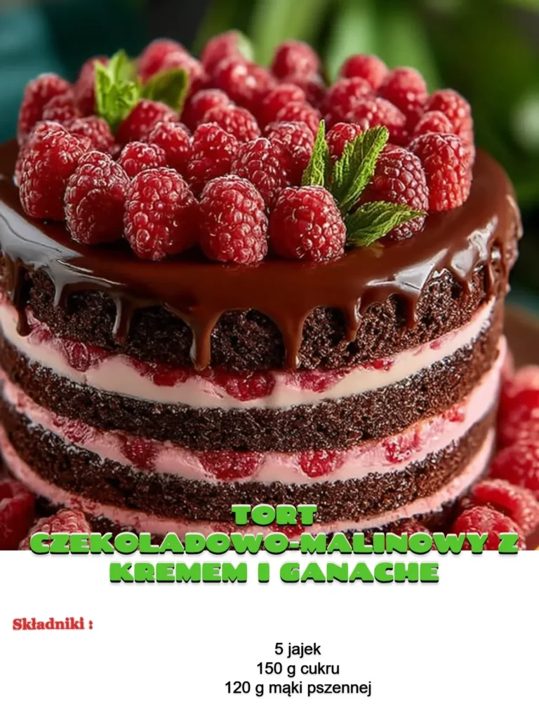 Tort Czekoladowo-Malinowy z kremem i ganache na eleganckim talerzu.