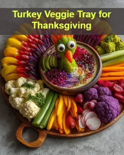 Colorful Turkey Veggie Tray with fresh vegetables for Thanksgiving celebration