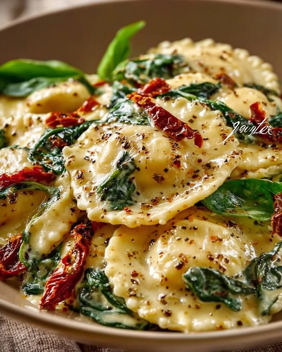 Tuscan-inspired creamy ravioli with spinach and sun-dried tomatoes in a delicious sauce