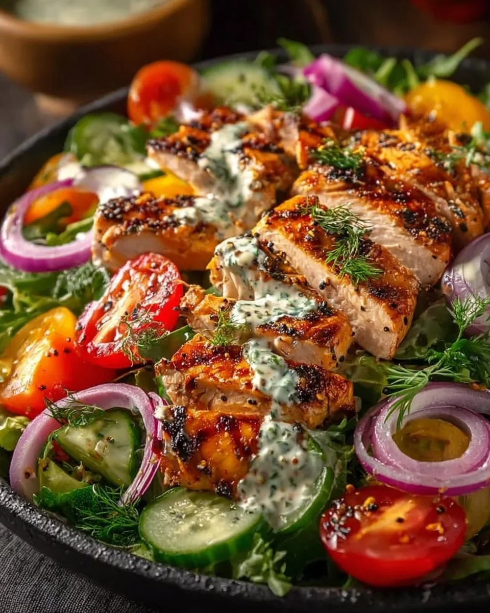 Delicious Tzatziki Chicken Salad with fresh vegetables and yogurt dressing