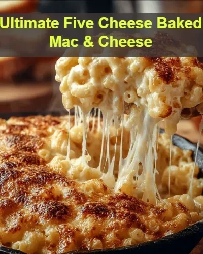 Ultimate Five Cheese Baked Mac & Cheese topped with a golden crust