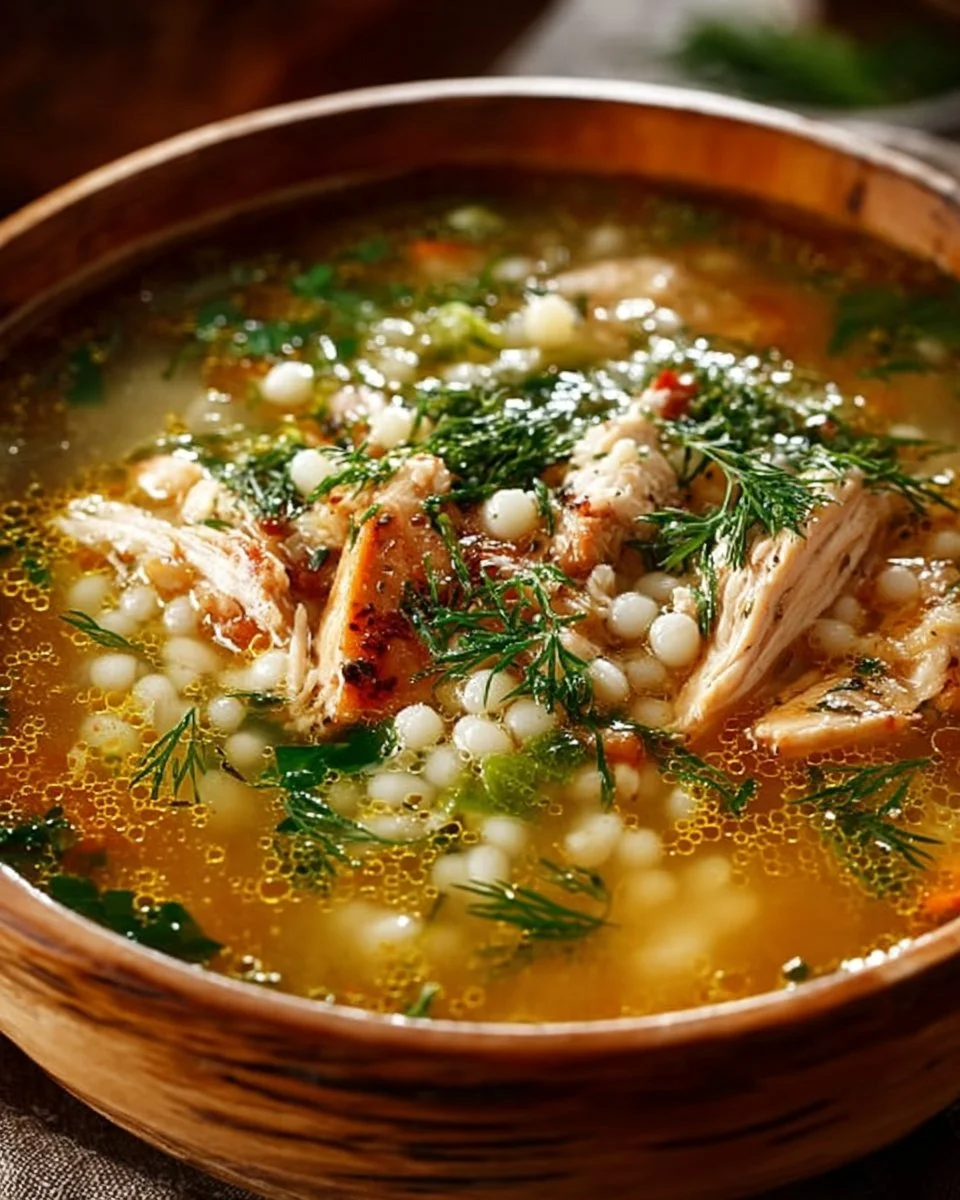 Delicious Chicken with Pearl Couscous in a warm bowl garnished with herbs