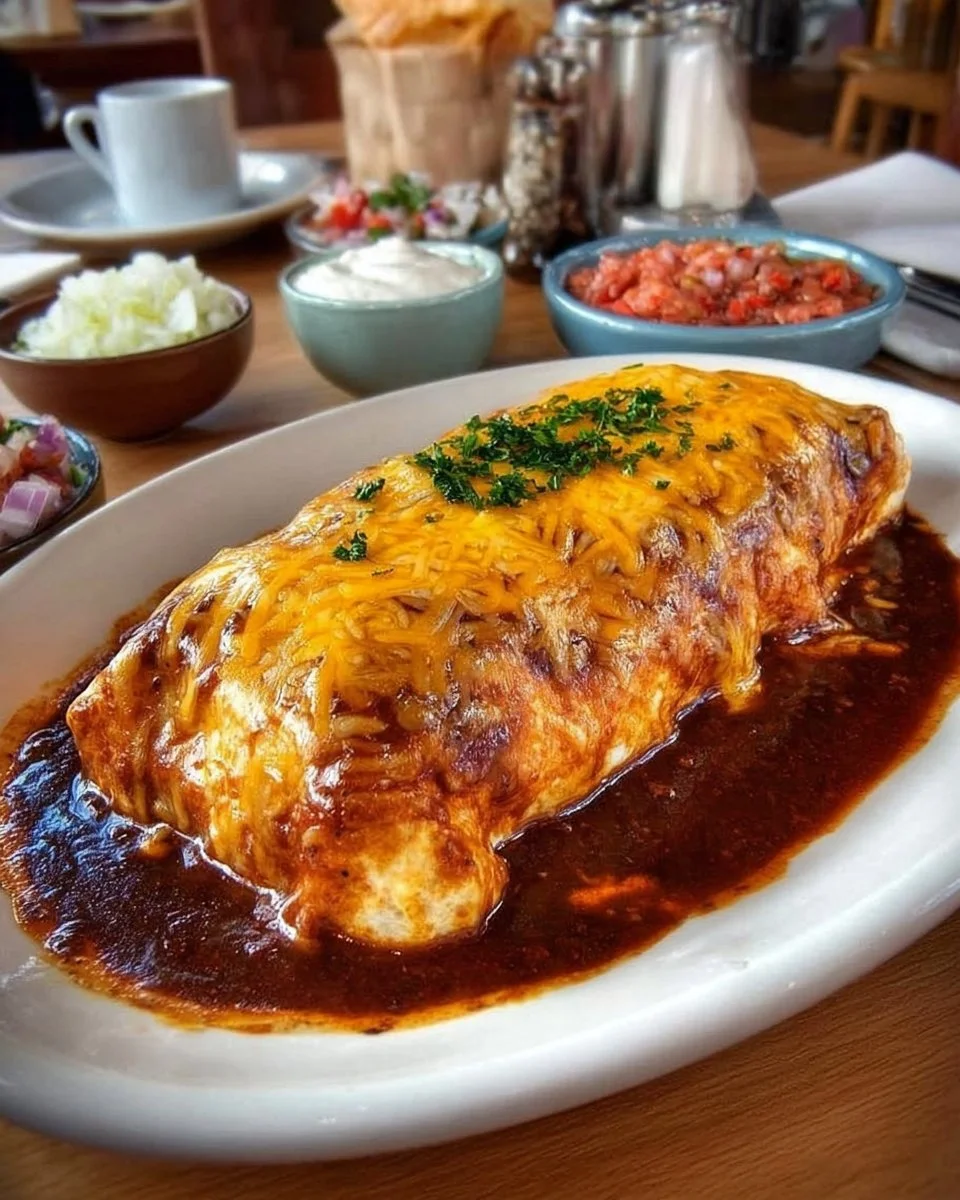 Delicious wet burritos filled with meat, beans, and topped with sauce.