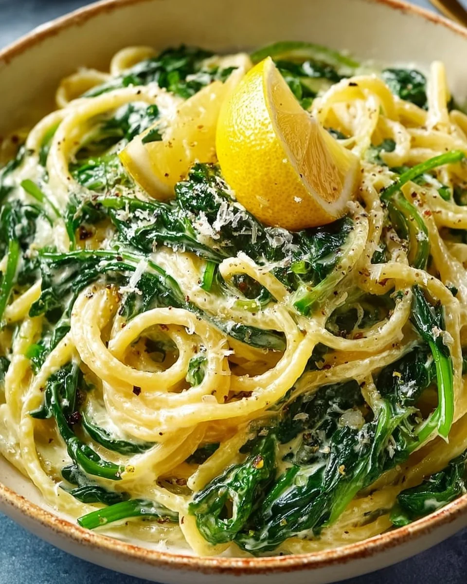 Zesty lemon ricotta pasta with spinach served in a bowl