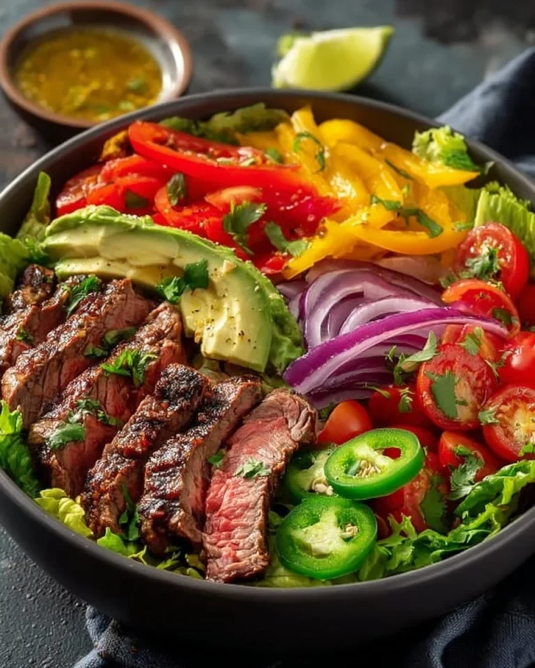 A flavorful steak salad with fresh greens and grilled steak slices on a plate.