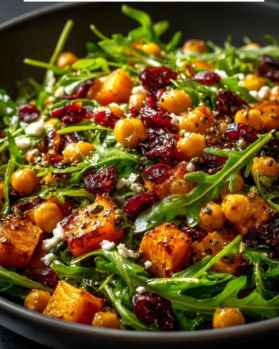 Arugula and chickpea salad topped with roasted pumpkin and maple lime dressing