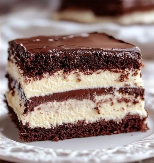 Biszkoptowe ciasto z kremem mlecznym i czekoladą na talerzu
