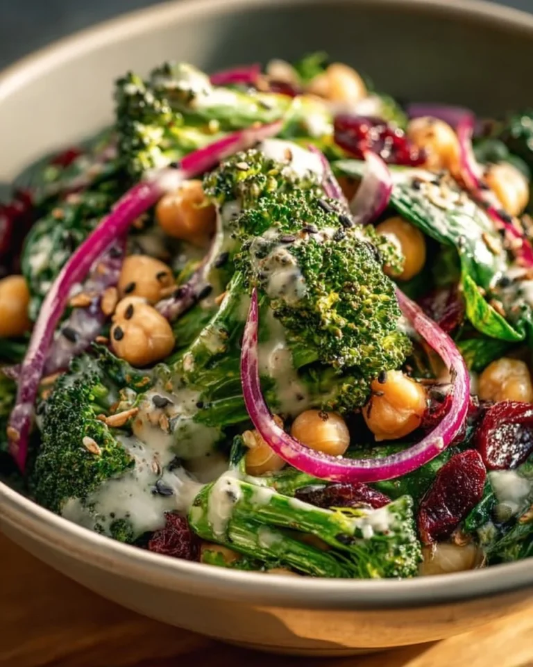 Broccoli salad with chickpeas, spinach, and creamy garlic dressing in a bowl