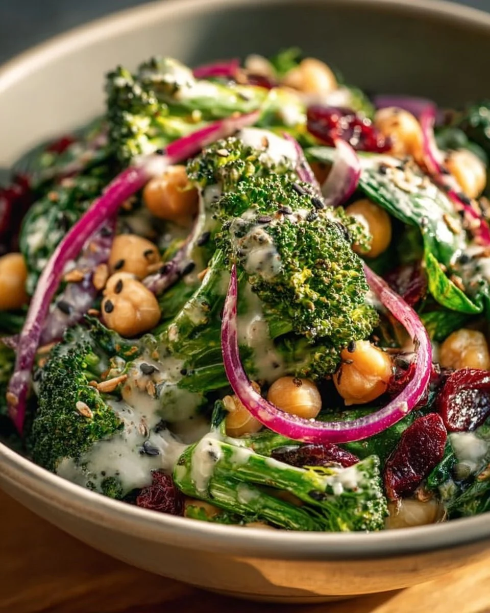Broccoli salad with chickpeas, spinach, and creamy garlic dressing in a bowl