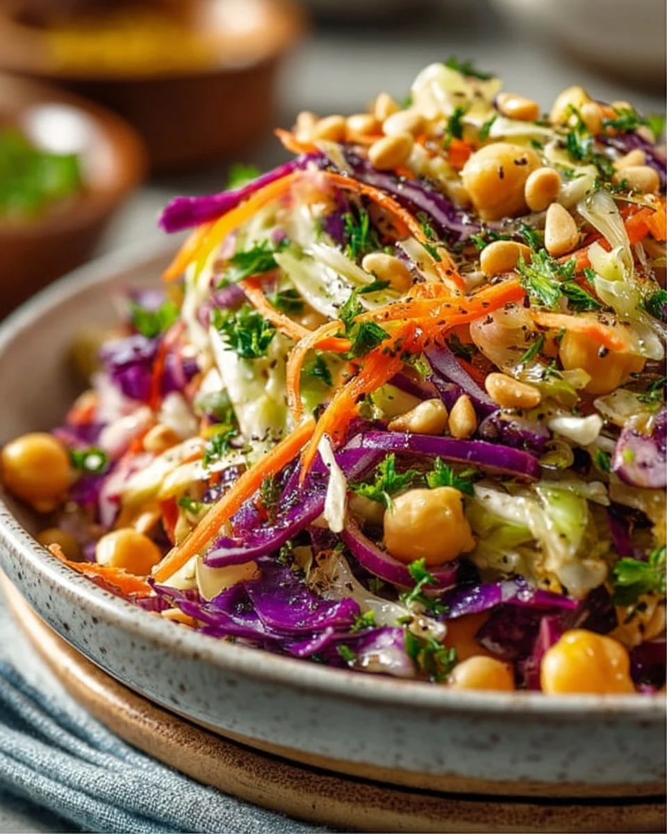 Cabbage Chickpea Carrot Salad with honey mustard dressing served in a bowl