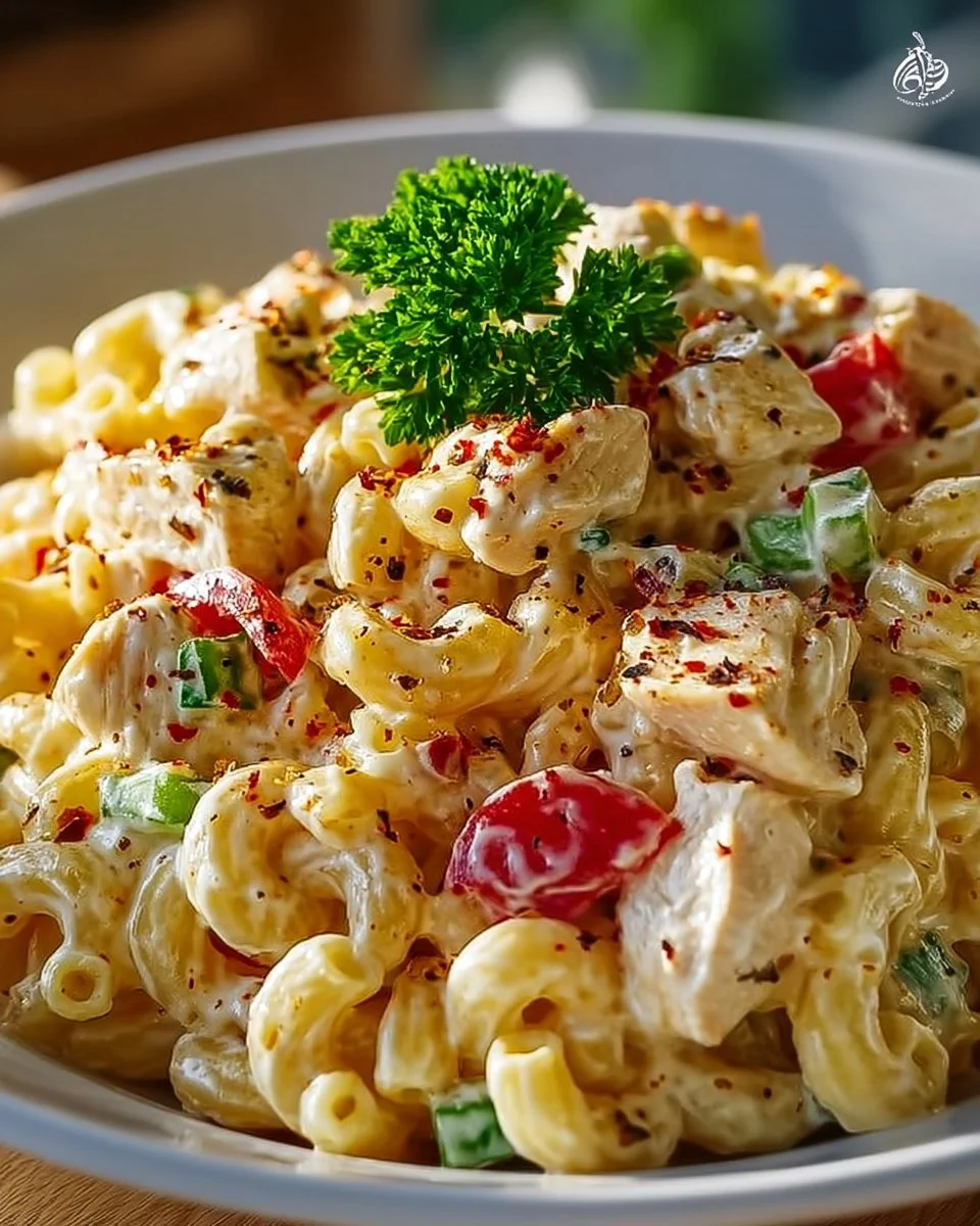 Delicious chicken macaroni pasta salad with fresh vegetables and creamy dressing.