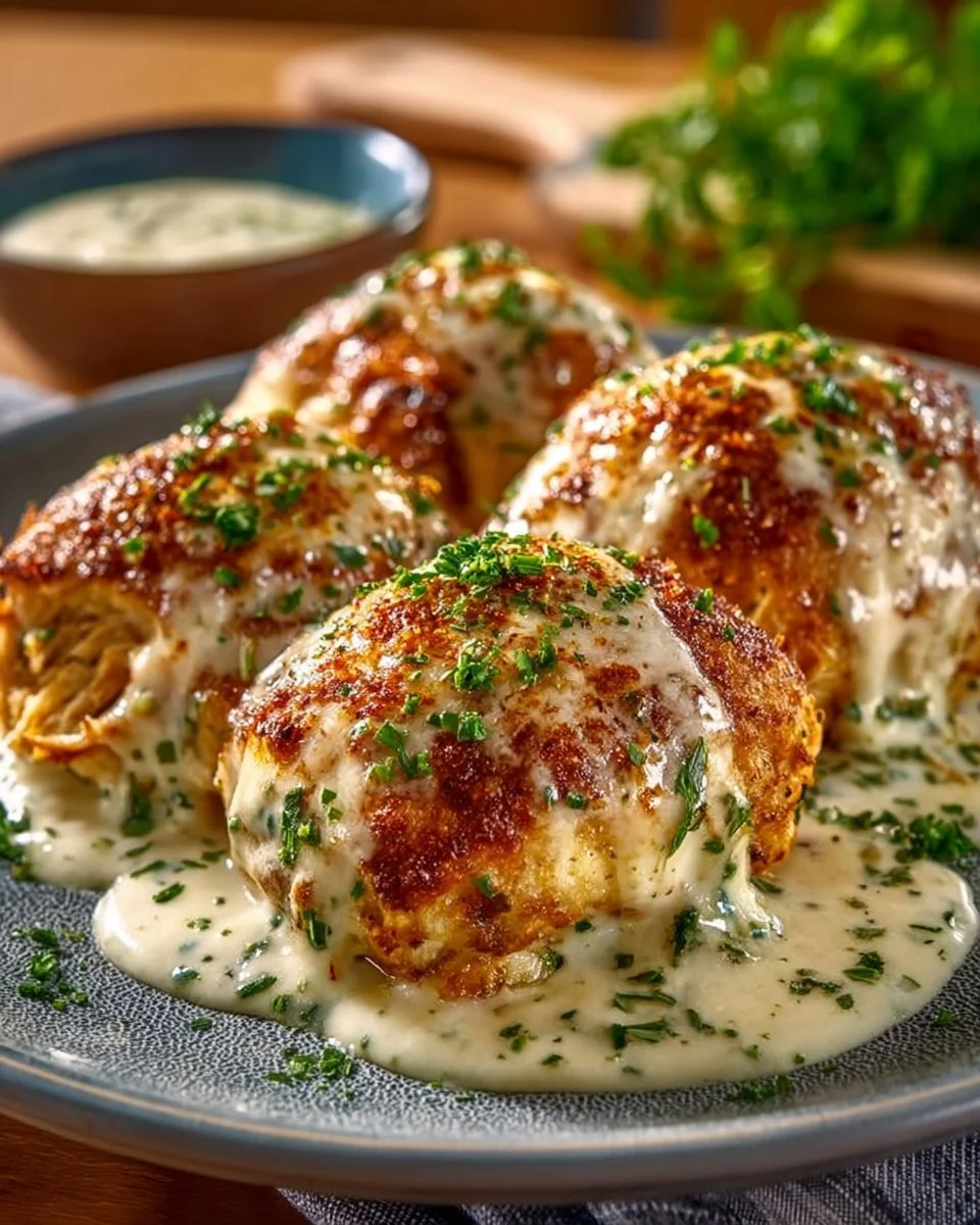 Delicious Chicken Pillows with Creamy Parmesan Sauce on a plate
