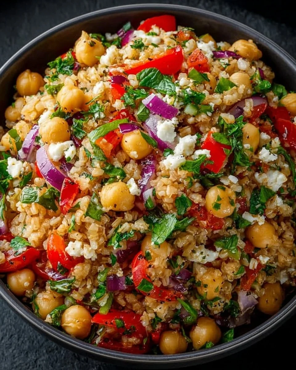 Chickpea and brown rice salad with cilantro lime dressing served in a bowl