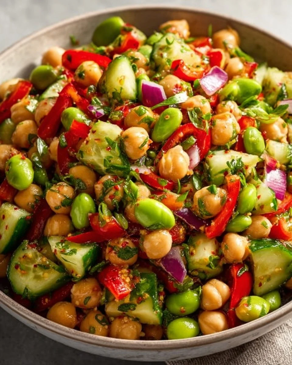 Chickpea and edamame salad with ginger sesame dressing in a bowl