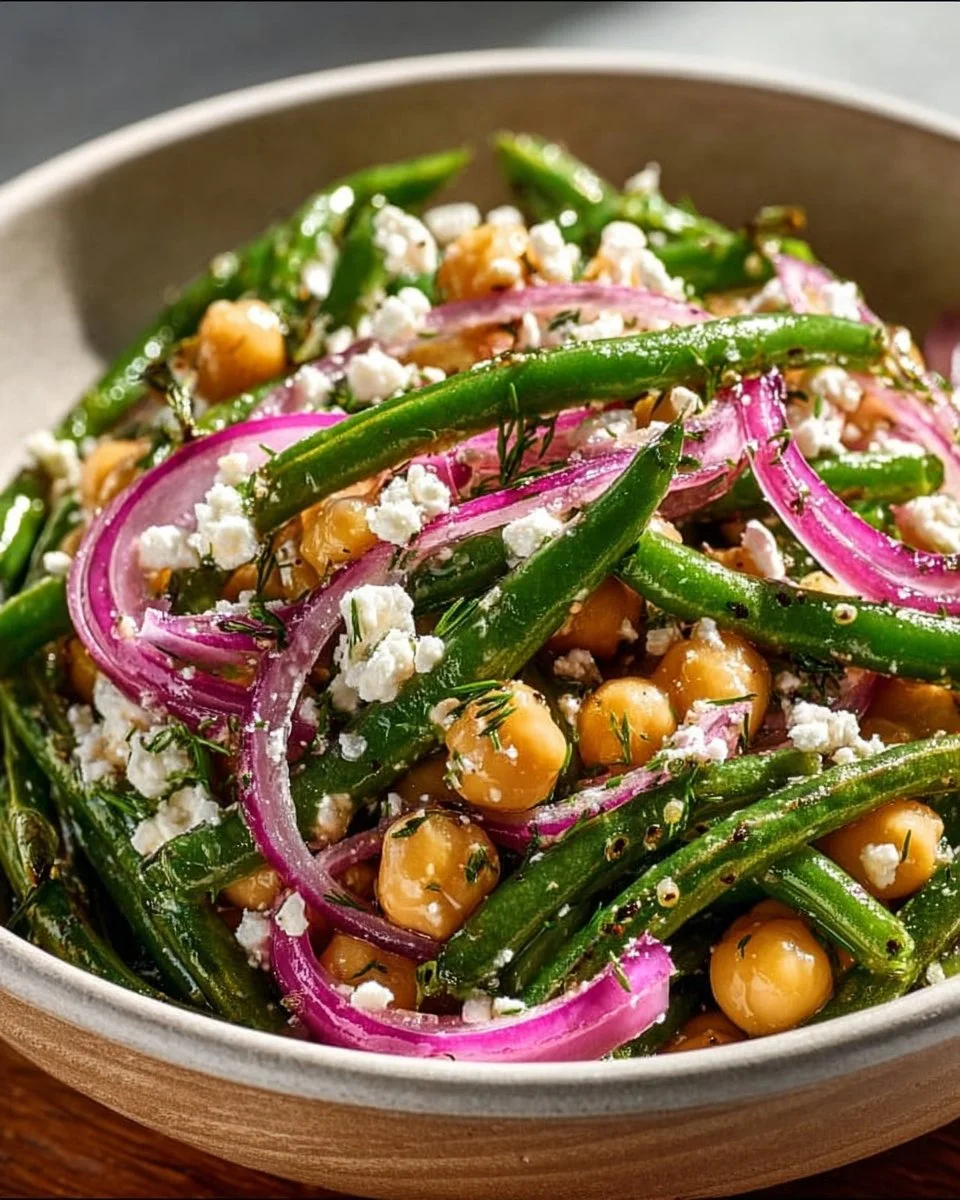 Chickpea and green bean salad drizzled with lemon olive oil dressing