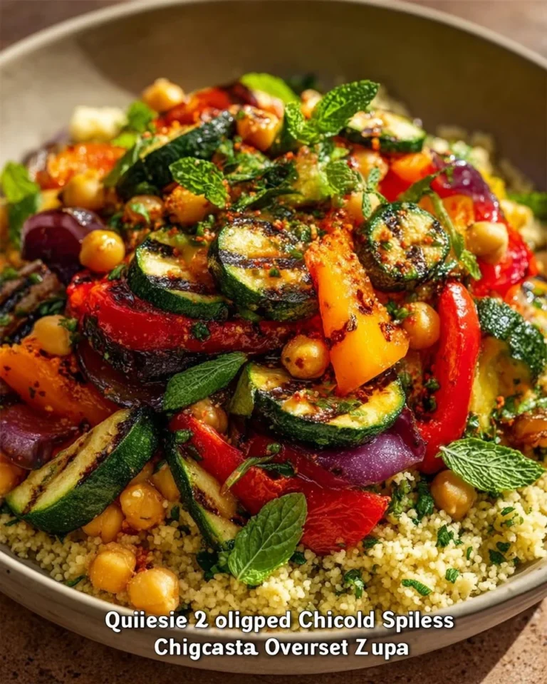 Chickpea and grilled veggie couscous salad drizzled with olive dressing.