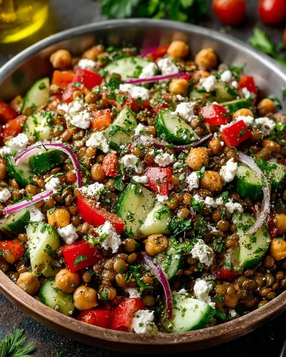 Chickpea and lentil power salad with lemon herb dressing in a bowl