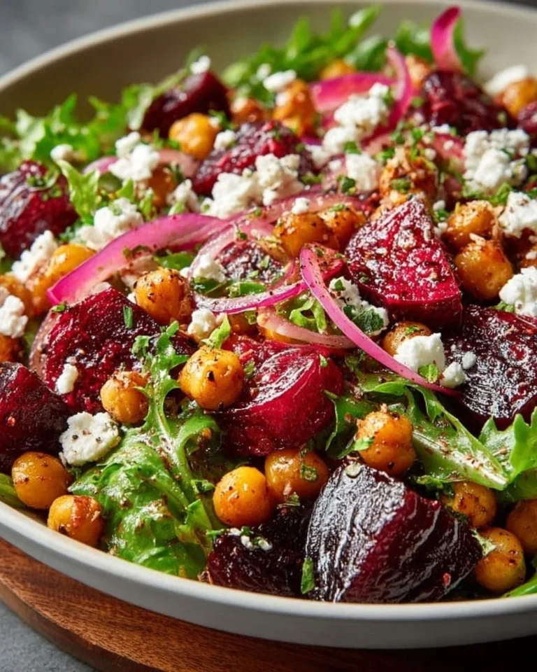 Chickpea and roasted beet salad drizzled with honey balsamic vinaigrette
