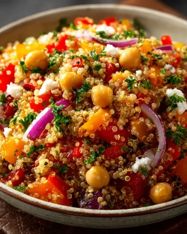 Chickpea and Roasted Red Pepper Quinoa Salad in a vibrant bowl