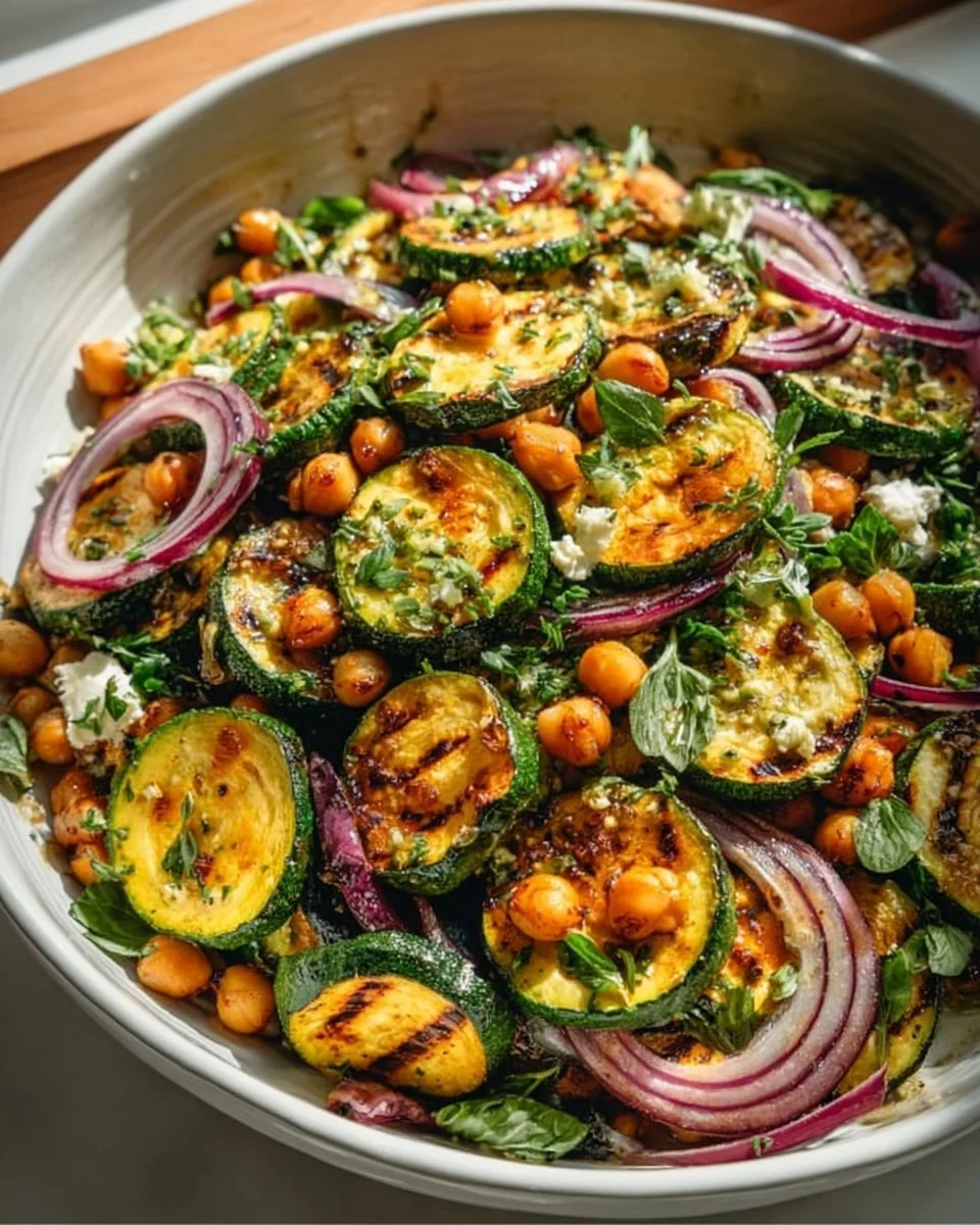 Chickpea salad with roasted zucchini and lemon caper dressing
