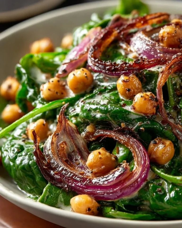 Chickpea and spinach salad topped with roasted red onions in a colorful bowl.