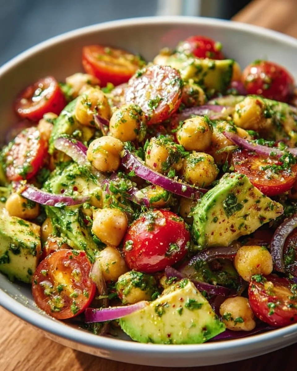 Chickpea salad with avocado, tomato, and lime dressing in a bowl
