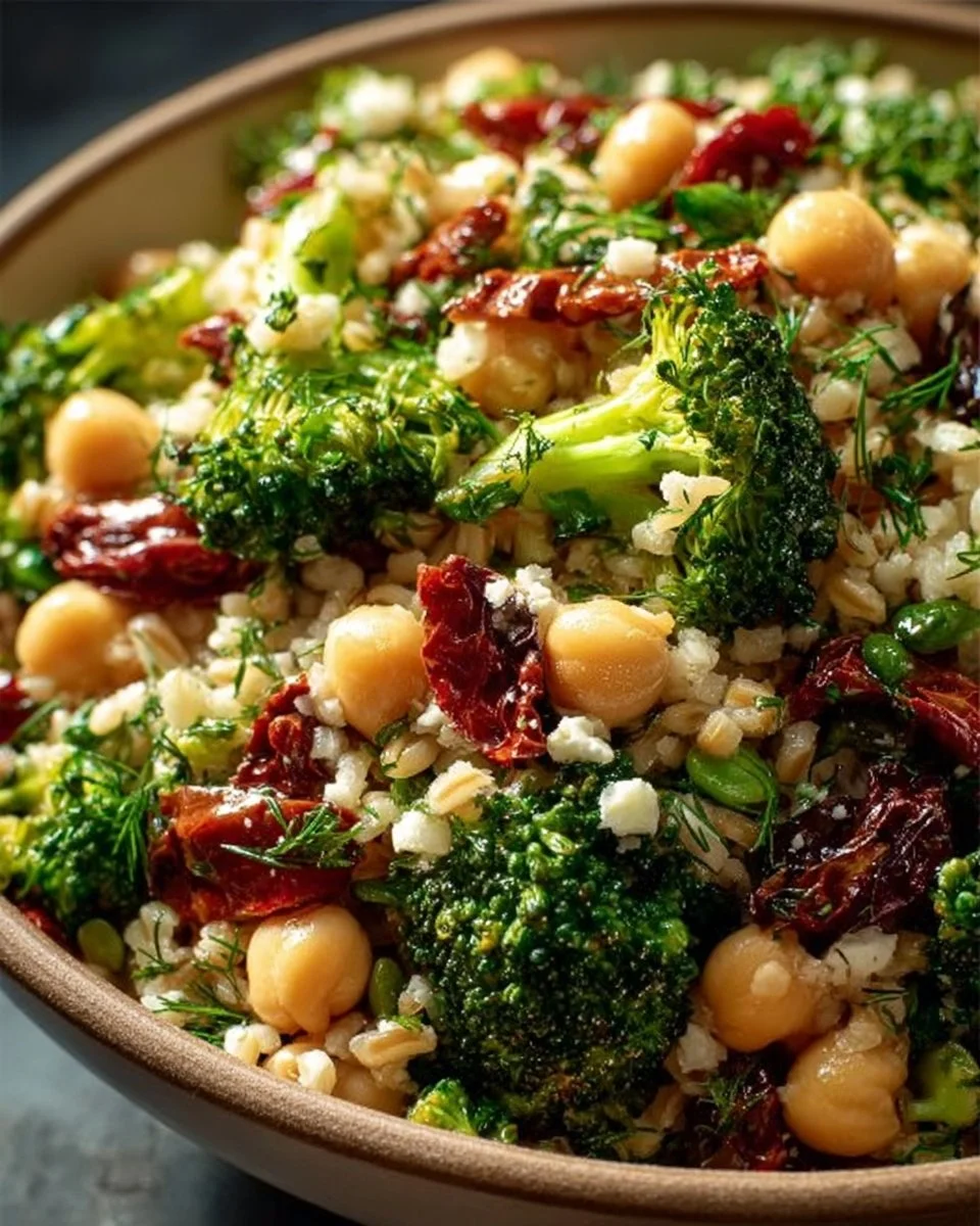 Chickpea salad with broccoli and brown rice dressed in herb vinaigrette