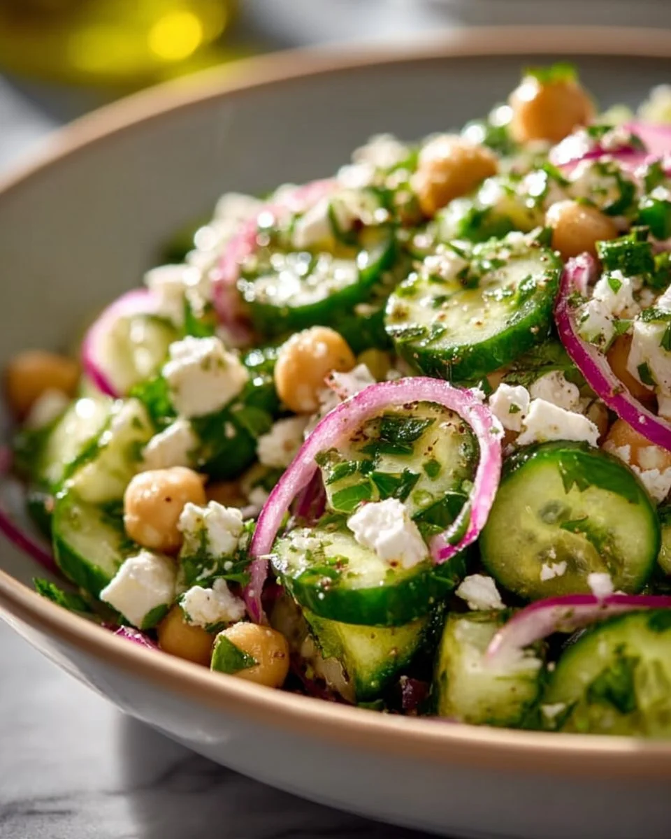 Chickpea salad with cucumbers, feta cheese, and lemon olive oil dressing