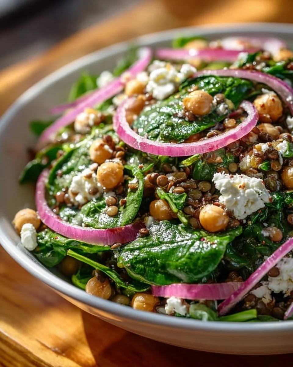 Chickpea salad with lentils and spinach in lemon olive oil dressing