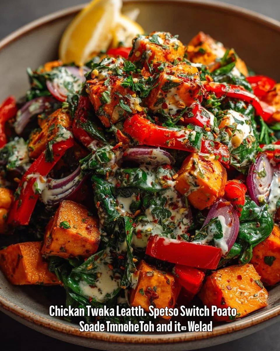 Chickpea salad with spinach, sweet potatoes, and lemon tahini dressing