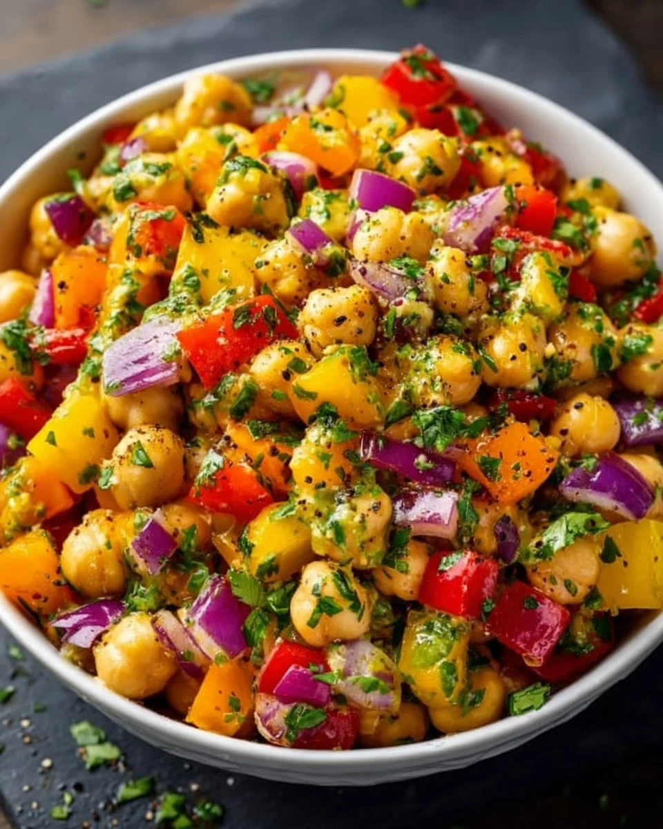Chickpea salad with sweet corn and bell pepper dressed in lime sauce.