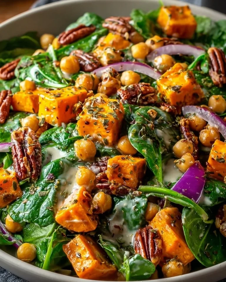 Chickpea salad with sweet potato, spinach, and lemon yogurt dressing