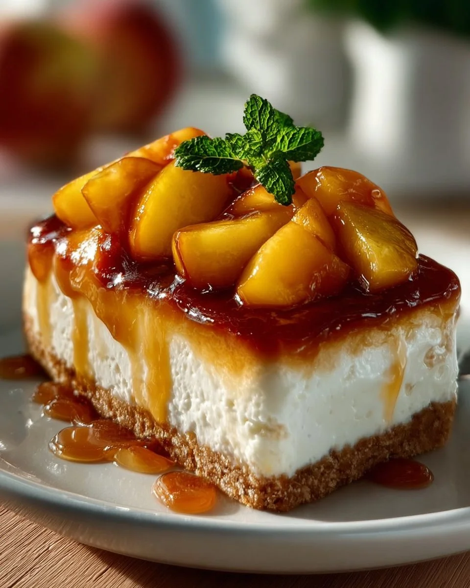 Ciasto bez pieczenia z mascarpone i soczystymi brzoskwiniami na talerzu