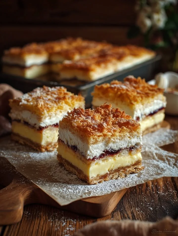 Ciasto z budyniem, bezą i dżemem wiśniowym na deser