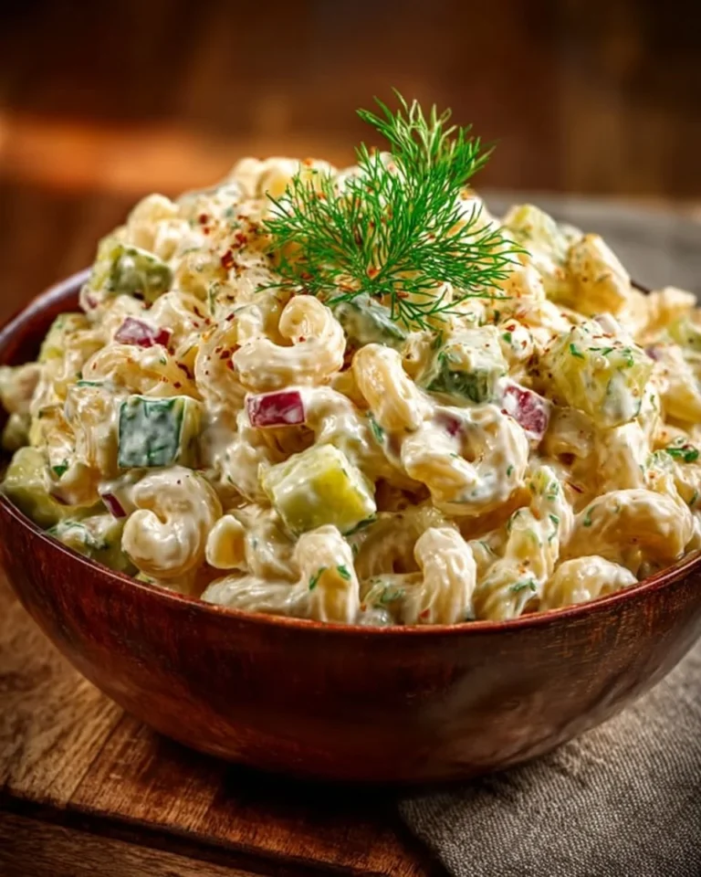 Bowl of Classic Dill Pickle Macaroni Salad with fresh dill and pickles