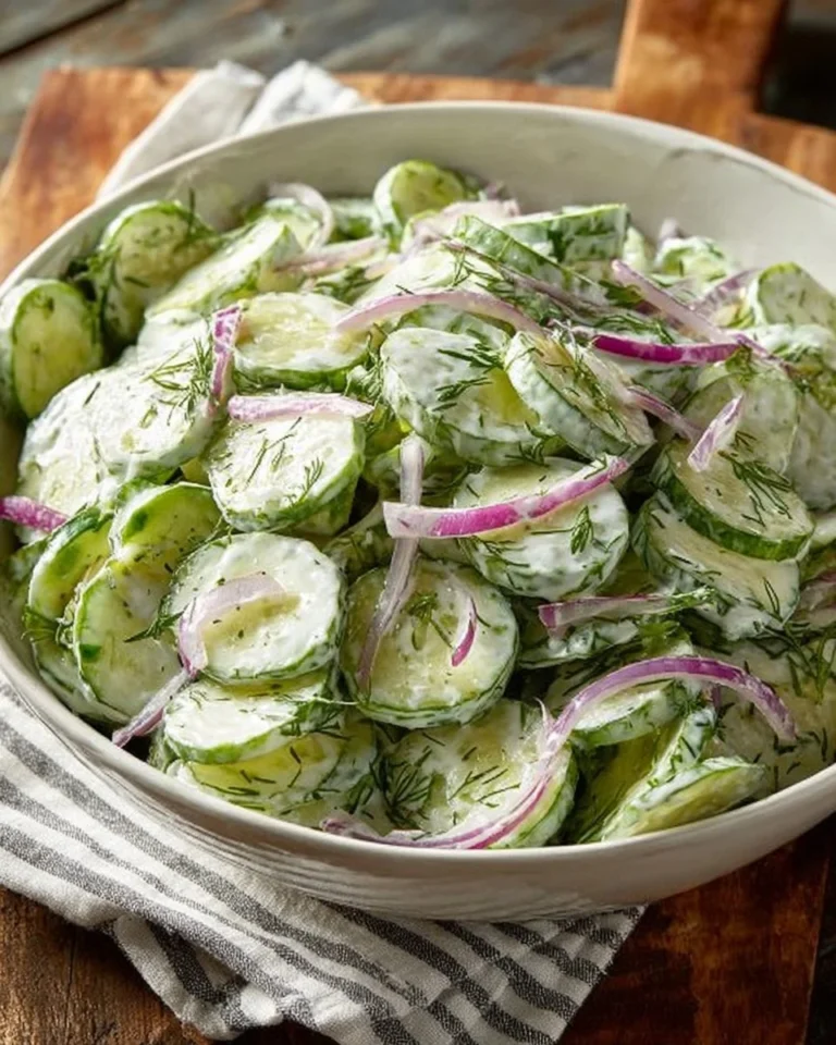 Creamy Cucumber Salad with Dill and Red Onion served in a bowl