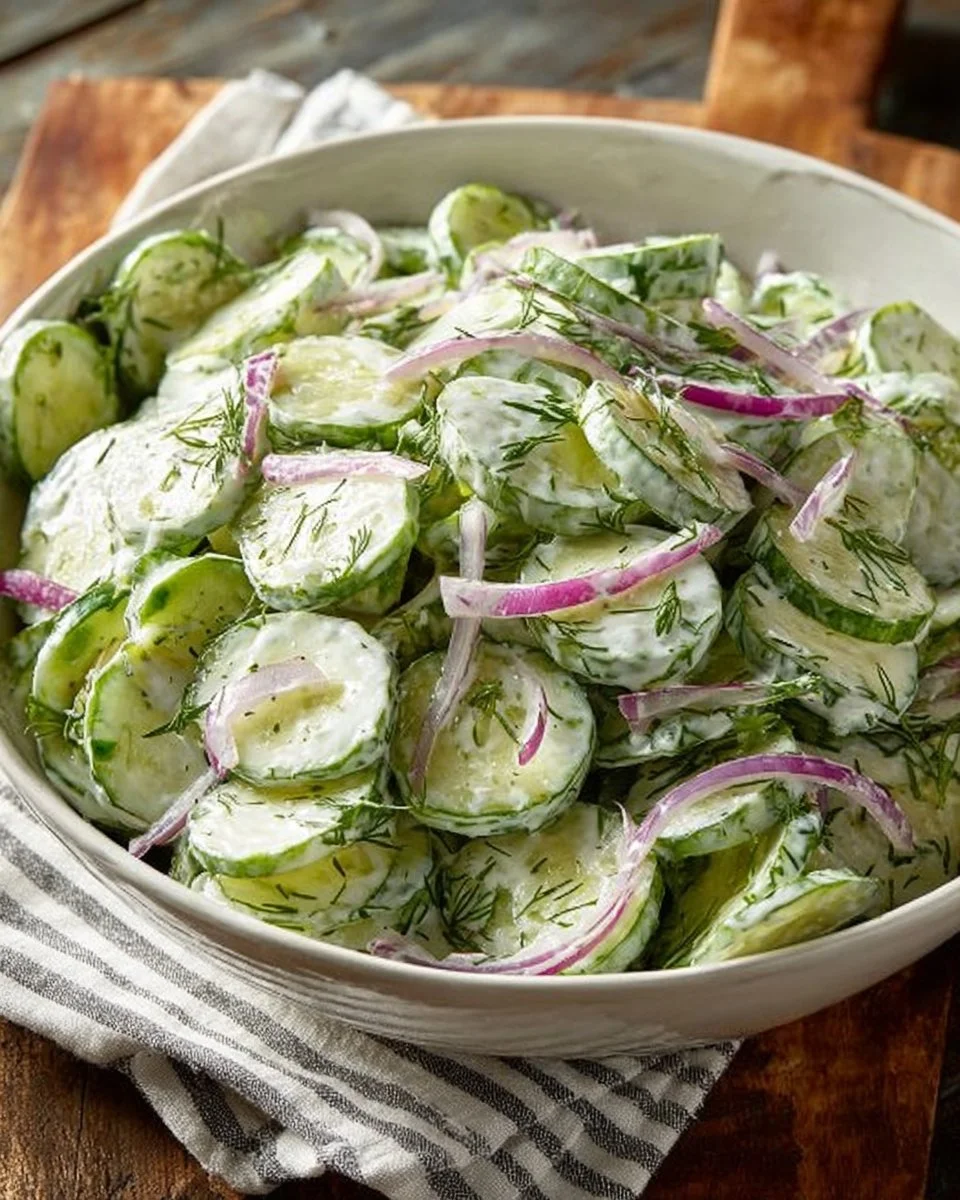 Creamy Cucumber Salad with Dill and Red Onion served in a bowl