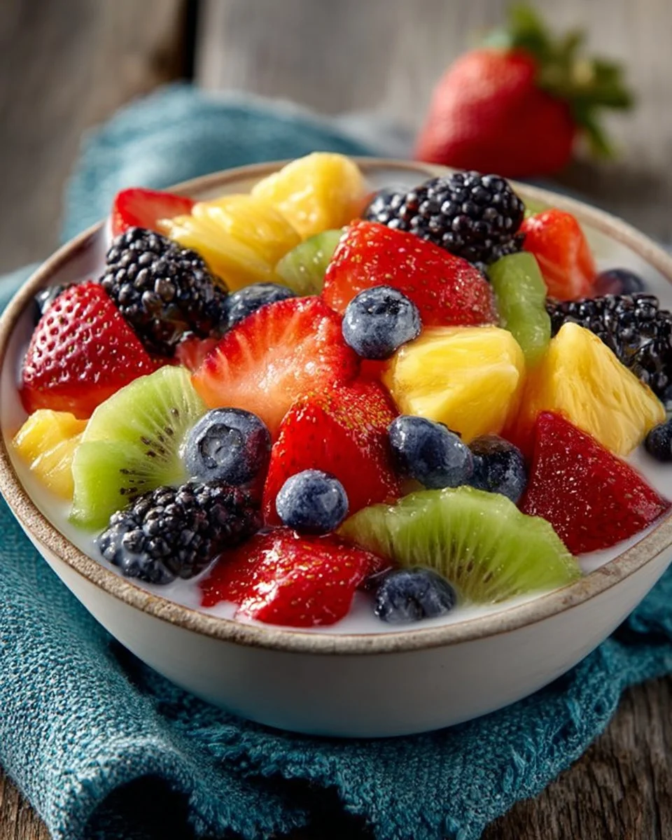 Creamy tropical fruit salad with vibrant fruits and a rich, creamy dressing
