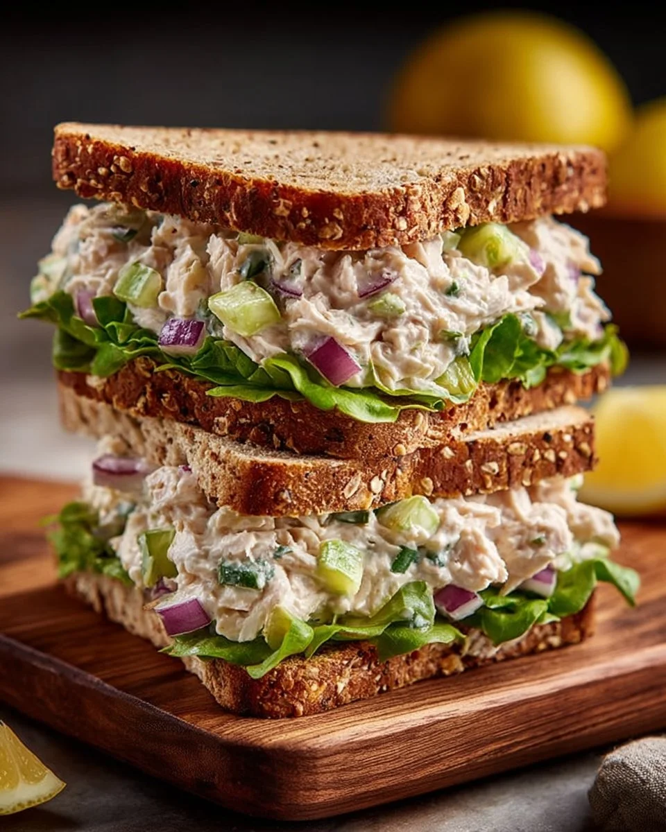 Creamy tuna salad sandwich served on whole grain bread with fresh vegetables